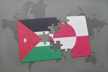 bir dünya haritası arka plan üzerinde ürdün ve grönland ulusal bayrağı ile bulmaca.