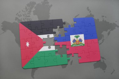 bir dünya haritası arka plan üzerinde ürdün ve haiti ulusal bayrağı ile bulmaca.