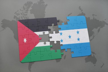 bir dünya haritası arka plan üzerinde ürdün ve honduras ulusal bayrağı ile bulmaca.