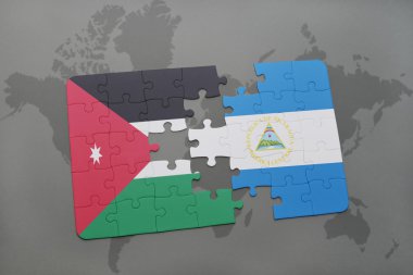 bir dünya haritası arka plan üzerinde ürdün ve nikaragua ulusal bayrağı ile bulmaca.