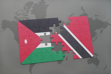 ürdün ve trinidad ve tobago ulusal bayrağı ile bulmaca bir dünya haritası arka plan üzerinde.