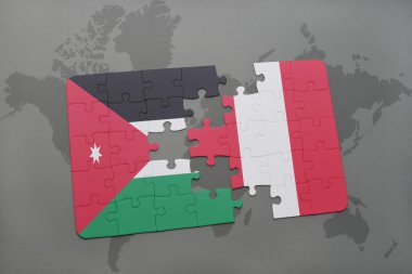 bir dünya haritası arka plan üzerinde ürdün ve Peru ulusal bayrağı ile bulmaca.