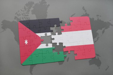 bir dünya haritası arka plan üzerinde ürdün ve Avusturya ulusal bayrağı ile bulmaca.