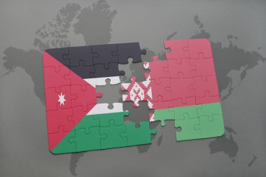 bir dünya haritası arka plan üzerinde ürdün ve beyaz rusya ulusal bayrağı ile bulmaca.