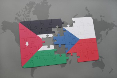 bir dünya haritası arka plan üzerinde ürdün ve Çek Cumhuriyeti ulusal bayrağı ile bulmaca.