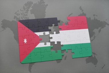 bir dünya haritası arka plan üzerinde ürdün ve Macaristan ulusal bayrağı ile bulmaca.