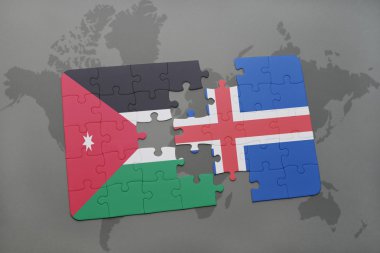 bir dünya haritası arka plan üzerinde ürdün ve İzlanda ulusal bayrağı ile bulmaca.