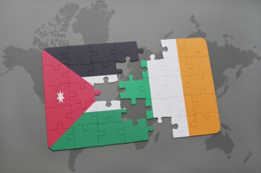 bir dünya haritası arka plan üzerinde ürdün ve İrlanda ulusal bayrağı ile bulmaca.