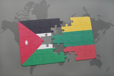 Dünya harita arka plan üzerinde jordan ve Litvanya Ulusal bayrakla bulmaca.