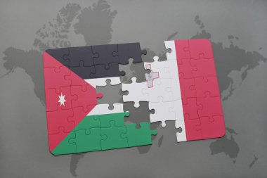 jordan ve malta dünya harita arka plan üzerinde bayrağı ile bulmaca.