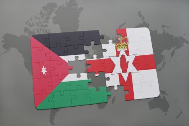 jordan ve Kuzey İrlanda ulusal bayrak dünya harita arka plan üzerinde ile bulmaca.