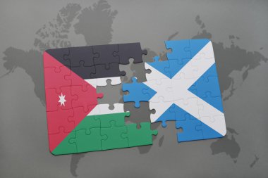 jordan ve İskoçya ulusal bayrak dünya harita arka plan üzerinde ile bulmaca.