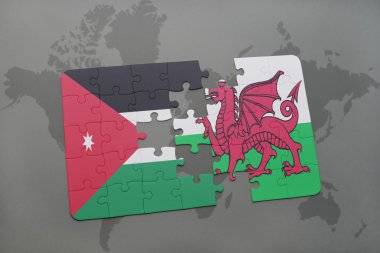 jordan ve dünya harita arka plan üzerinde Galler Ulusal bayrak ile bulmaca.