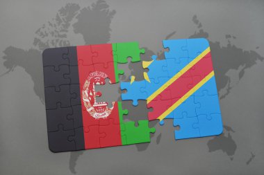 bir dünya haritası arka plan üzerinde Afganistan ve Kongo Demokratik Cumhuriyeti ulusal bayrağı ile bulmaca.
