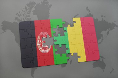 bir dünya haritası arka plan üzerinde Afganistan ve Mali ulusal bayrağı ile bulmaca.
