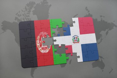 bir dünya haritası arka plan üzerinde Afganistan ve Dominik Cumhuriyeti ulusal bayrağı ile bulmaca.