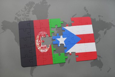 bir dünya haritası arka plan üzerinde Afganistan ve Porto Riko ulusal bayrağı ile bulmaca.