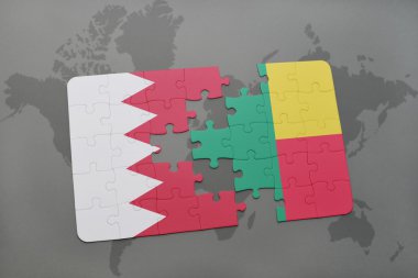 bir dünya haritası arka plan üzerinde bahreyn ve Benin ulusal bayrağı ile bulmaca.