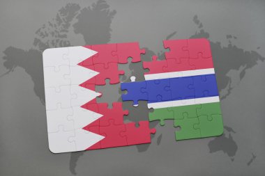 bir dünya haritası arka plan üzerinde bahreyn ve gambiya ulusal bayrağı ile bulmaca.