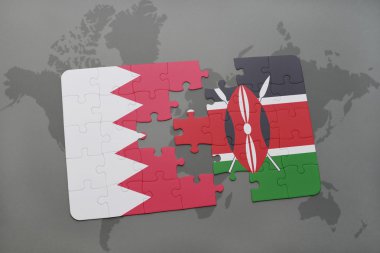 bir dünya haritası arka plan üzerinde bahreyn ve kenya ulusal bayrağı ile bulmaca.