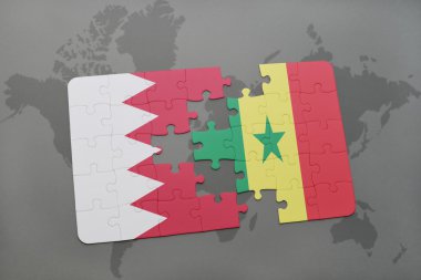 bir dünya haritası arka plan üzerinde bahreyn ve senegal ulusal bayrağı ile bulmaca.