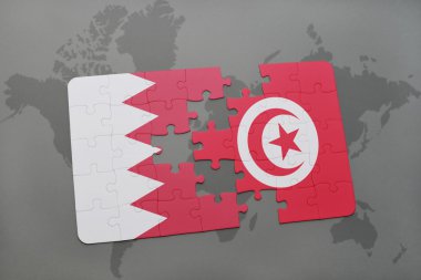 bir dünya haritası arka plan üzerinde bahreyn ve tunus ulusal bayrağı ile bulmaca.