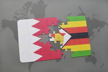bir dünya haritası arka plan üzerinde bahreyn ve zimbabve ulusal bayrağı ile bulmaca.
