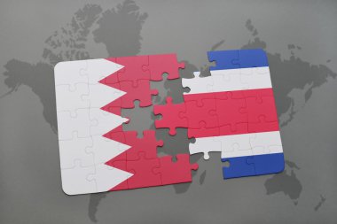 bir dünya haritası arka plan üzerinde bahreyn ve kosta rika ulusal bayrağı ile bulmaca.