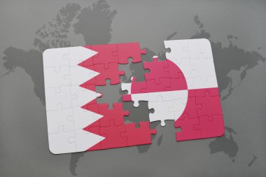 bir dünya haritası arka plan üzerinde bahreyn ve grönland ulusal bayrağı ile bulmaca.