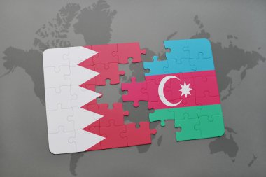 bir dünya haritası arka plan üzerinde bahreyn ve azerbaycan ulusal bayrağı ile bulmaca.