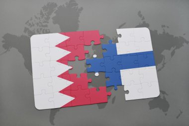 bir dünya haritası arka plan üzerinde bahreyn ve finlandiya ulusal bayrağı ile bulmaca.