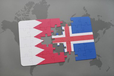 bir dünya haritası arka plan üzerinde bahreyn ve İzlanda ulusal bayrağı ile bulmaca.