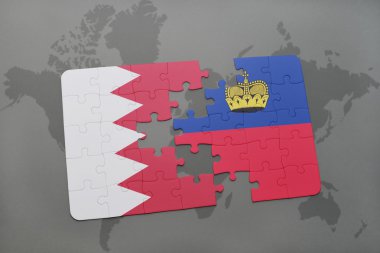 Bahreyn ve liechtenstein ulusal bayrak dünya harita arka plan üzerinde ile bulmaca.