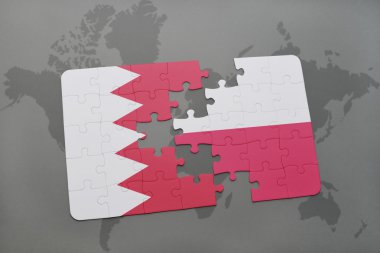 Bahreyn ve Polonya ulusal bayrak dünya harita arka plan üzerinde ile bulmaca.