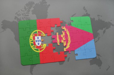 bir dünya haritası arka plan üzerinde portekiz ve eritre ulusal bayrağı ile bulmaca.