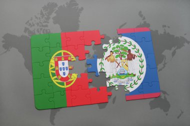 portekiz ulusal bayrağı ile bulmaca ve bir dünya haritası arka plan üzerinde belize.