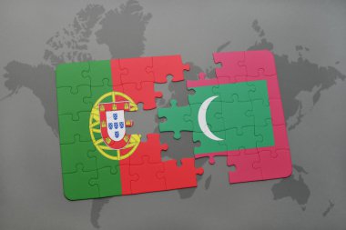 portekiz ulusal bayrağı ile bulmaca ve bir dünya haritası arka plan üzerinde.