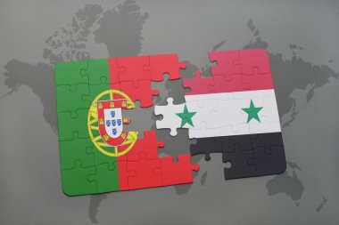 bir dünya haritası arka plan üzerinde Portekiz ve Suriye ulusal bayrağı ile bulmaca.