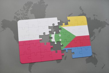 bir dünya haritası arka plan üzerinde polonya ve komor ulusal bayrağı ile bulmaca. 3d illüstrasyon