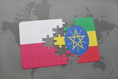 bir dünya haritası arka plan üzerinde polonya ve Etiyopya ulusal bayrağı ile bulmaca. 3d illüstrasyon