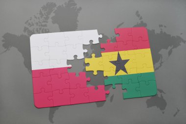 bir dünya haritası arka plan üzerinde polonya ve gana ulusal bayrağı ile bulmaca. 3d illüstrasyon