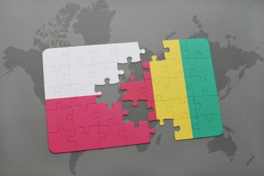 bir dünya haritası arka plan üzerinde polonya ve gine ulusal bayrağı ile bulmaca. 3d illüstrasyon