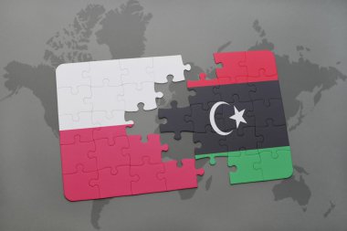bir dünya haritası arka plan üzerinde Polonya ve Libya ulusal bayrağı ile bulmaca. 3d illüstrasyon