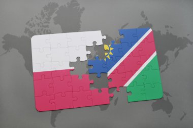 bir dünya haritası arka plan üzerinde polonya ve namibya ulusal bayrağı ile bulmaca. 3d illüstrasyon