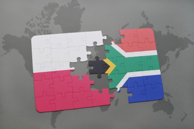 bir dünya haritası arka plan üzerinde Polonya ve Güney Afrika ulusal bayrağı ile bulmaca. 3d illüstrasyon