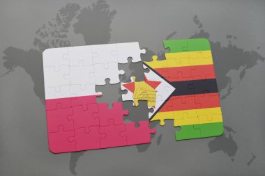 bir dünya haritası arka plan üzerinde polonya ve zimbabve ulusal bayrağı ile bulmaca. 3d illüstrasyon