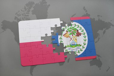 polonya ulusal bayrağı ile bulmaca ve bir dünya haritası arka plan üzerinde belize. 3d illüstrasyon