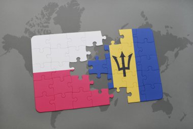 bir dünya haritası arka plan üzerinde polonya ve barbados ulusal bayrağı ile bulmaca. 3d illüstrasyon
