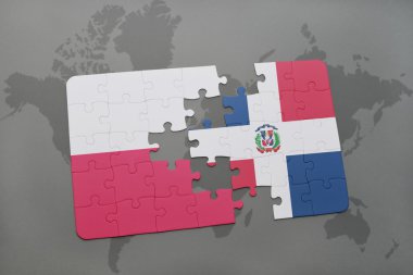 bir dünya haritası arka plan üzerinde Polonya ve Dominik Cumhuriyeti ulusal bayrağı ile bulmaca. 3d illüstrasyon