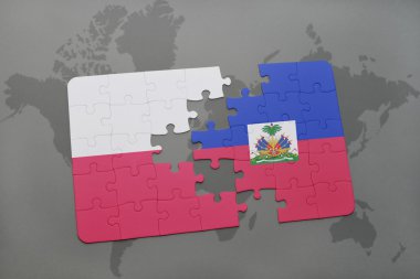 bir dünya haritası arka plan üzerinde Polonya ve Haiti ulusal bayrağı ile bulmaca. 3d illüstrasyon